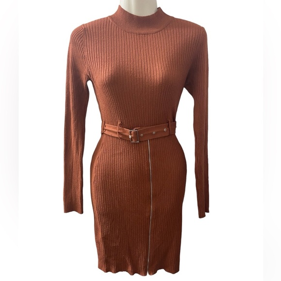 Say What Women’s Brown Zipper Sweater Dress With Belt Size Small - Picture 1 of 10